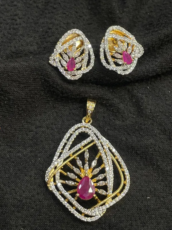 Pink_Gold_Tone_Floral_Teardrop_Stone_Pendant_Earrings_Set_For_Women