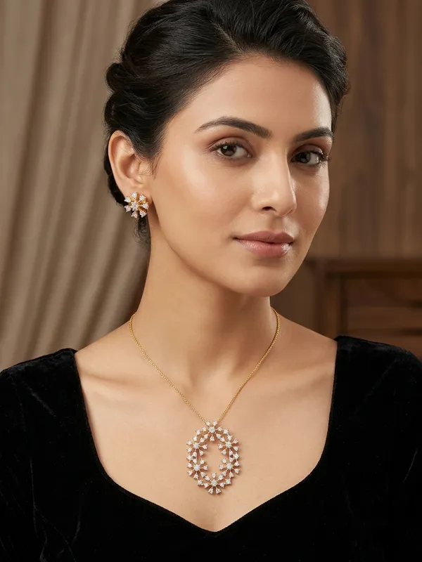 Gold_Tone_Floral_Stone_Pendant_And_Earrings_Set_For_Women