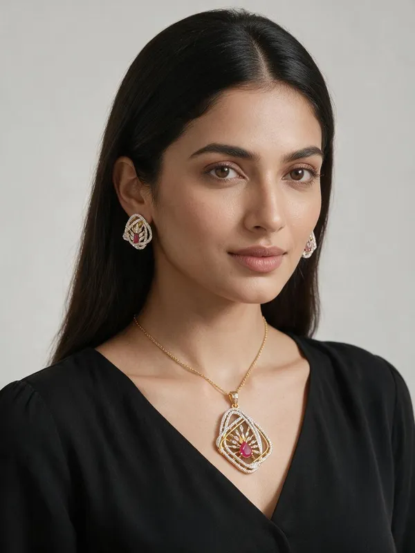 Pink_Gold_Tone_Floral_Teardrop_Stone_Pendant_Earrings_Set_For_Women