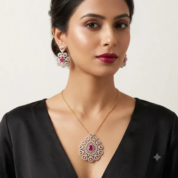 Silver_Tone_Pink_Stone_Floral_Pendant_And_Earrings_Set_For_Women