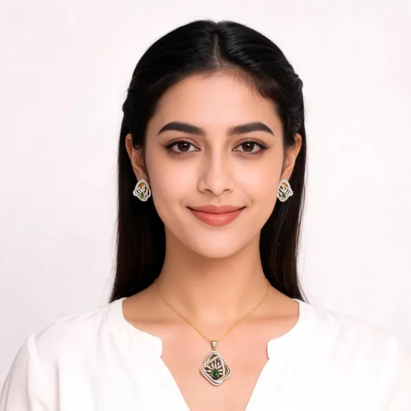Green_Teardrop_Stone_Gold_Tone_Pendant_And_Earrings_Set_For_Women