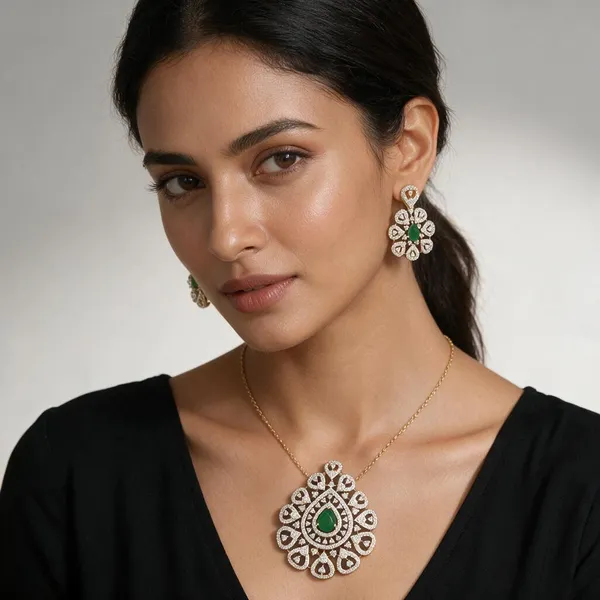 Gold_Tone_Emerald_Green_Teardrop_Floral_Drop_Earrings_For_Women