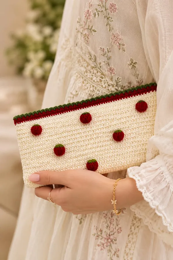 Cream_Crochet_Strawberry_Embellished_Clutch_Pouch_for_Women