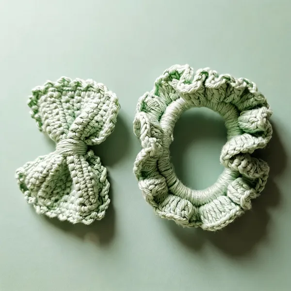 Green_Crochet_Hair_Tie_And_Bow_Set_for_Women