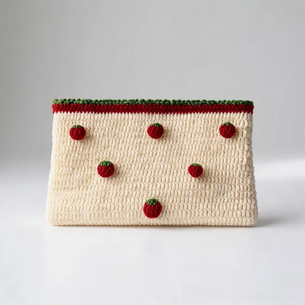 Cream_Cotton_Thread_Strawberry_Embellished_Clutch_Pouch_For_Women