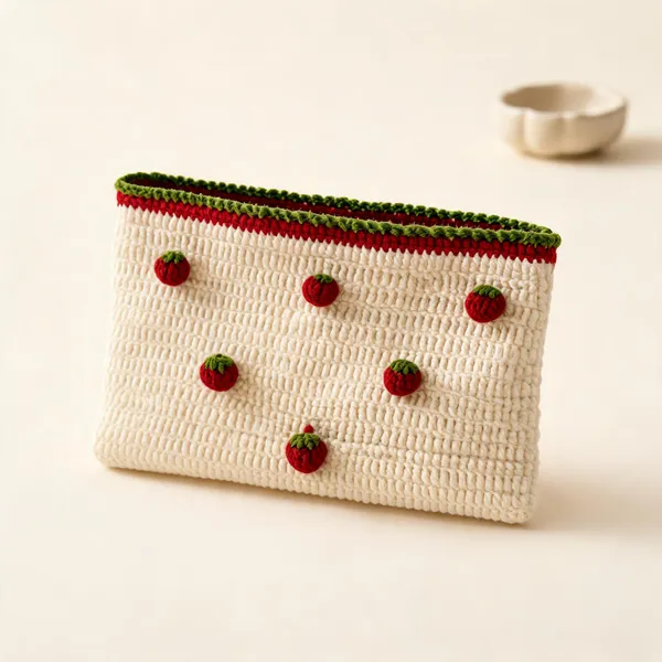 Cream_Cotton_Thread_Strawberry_Embellished_Clutch_Pouch_For_Women
