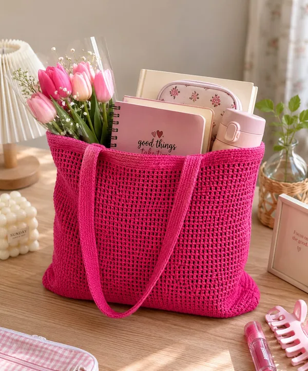Pink_Crochet_Open_Weave_Tote_Bag_For_Women