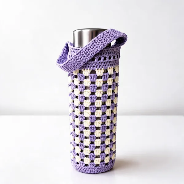 Lavender_Acrylic_Crochet_Checkered_Water_Bottle_Holder