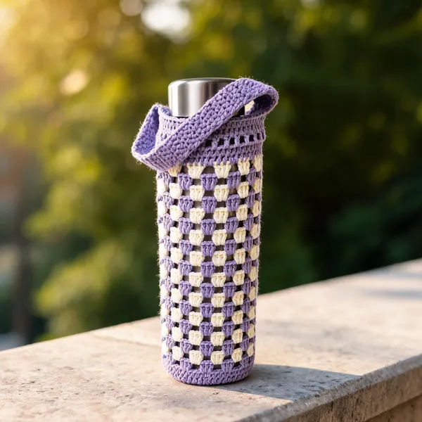 Lavender_Acrylic_Crochet_Checkered_Water_Bottle_Holder