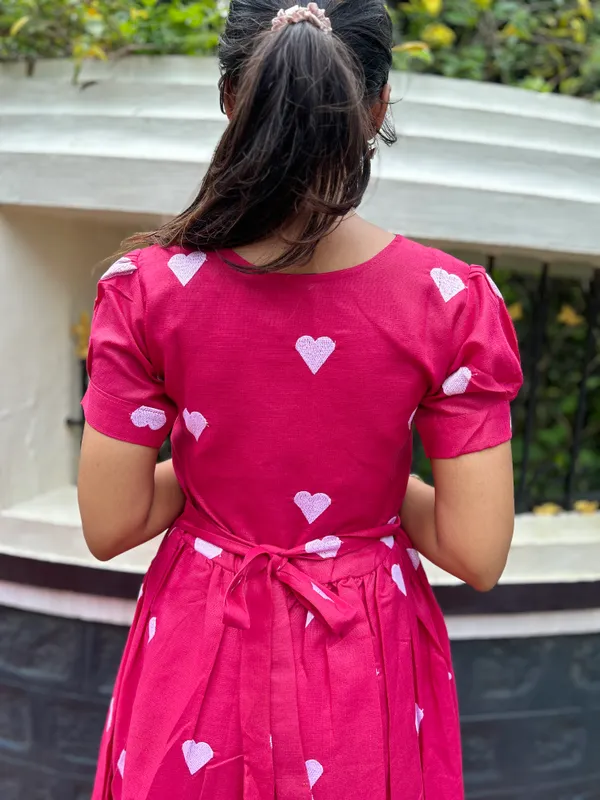 Pink_Heart_Print_Puff_Sleeve_Fit_And_Flare_Dress_For_Women