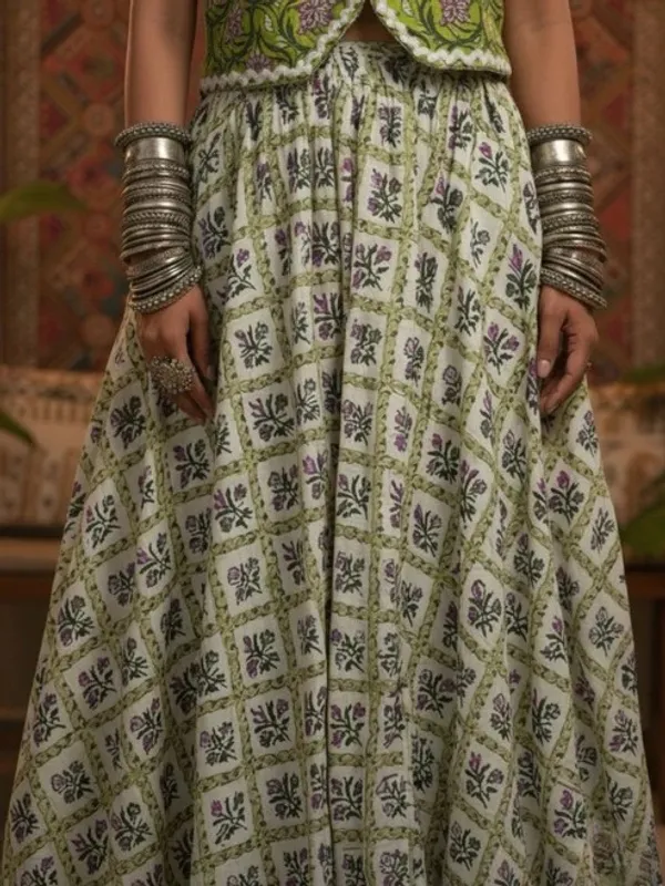 Green_Printed_Sleeveless_Jacket_Lehenga_Set_For_Women