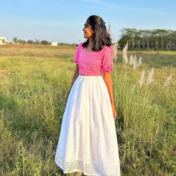 Pink_Textured_Puff_Sleeve_Crop_Top_And_Skirt_Set_For_Women