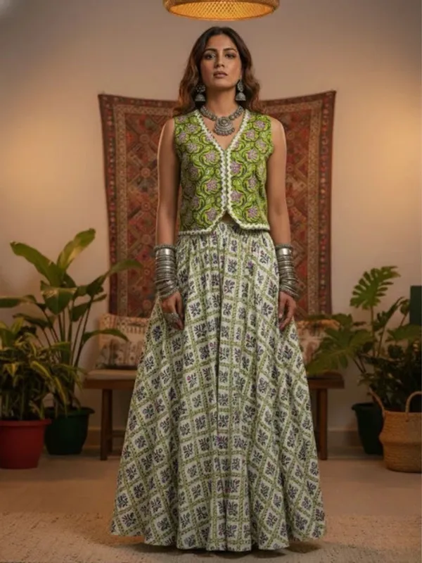 Green_Printed_Sleeveless_Jacket_Lehenga_Set_For_Women