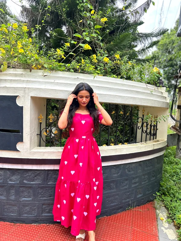 Pink_Heart_Print_Puff_Sleeve_Fit_And_Flare_Dress_For_Women