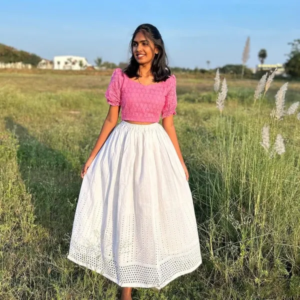 Pink_Textured_Puff_Sleeve_Crop_Top_And_Skirt_Set_For_Women
