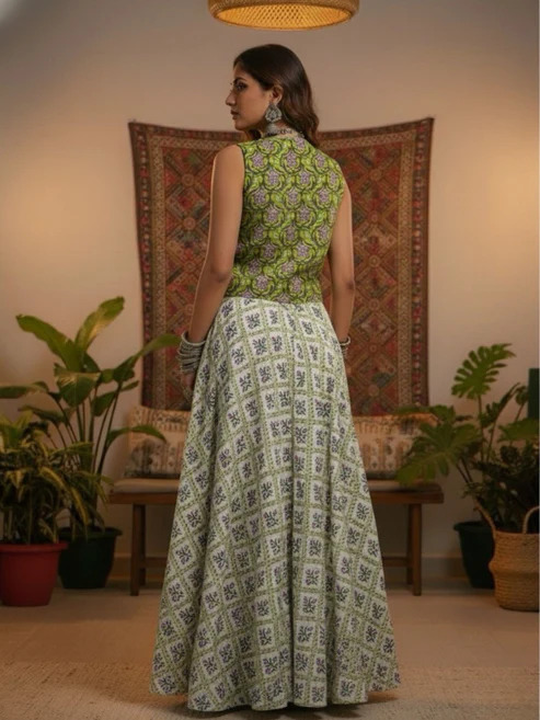 Green_Printed_Sleeveless_Jacket_Lehenga_Set_For_Women
