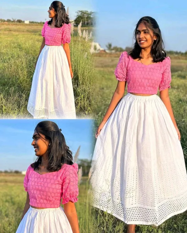 Pink_Textured_Puff_Sleeve_Crop_Top_And_Skirt_Set_For_Women