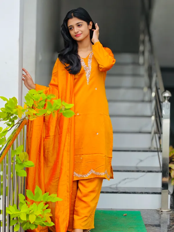 Orange_Embroidered_Straight_Kurta_Suit_Set_For_Women
