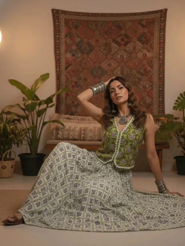 Green_Printed_Sleeveless_Jacket_Lehenga_Set_For_Women