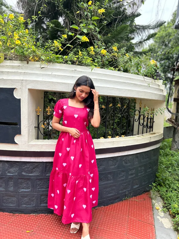 Pink_Heart_Print_Puff_Sleeve_Fit_And_Flare_Dress_For_Women