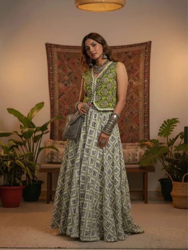 Green_Printed_Sleeveless_Jacket_Lehenga_Set_For_Women