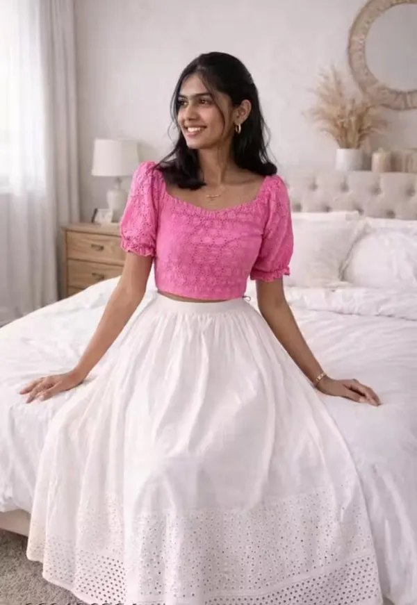 Pink_Textured_Puff_Sleeve_Crop_Top_And_Skirt_Set_For_Women