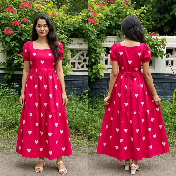 Pink_Heart_Print_Puff_Sleeve_Fit_And_Flare_Dress_For_Women