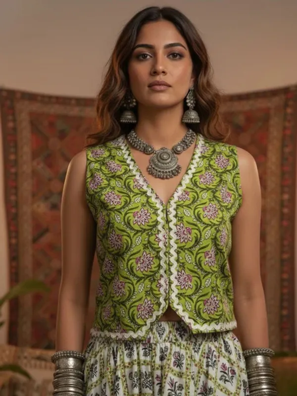 Green_Printed_Sleeveless_Jacket_Lehenga_Set_For_Women