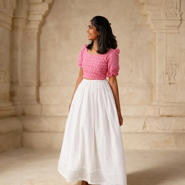 Pink_Textured_Puff_Sleeve_Crop_Top_And_Skirt_Set_For_Women
