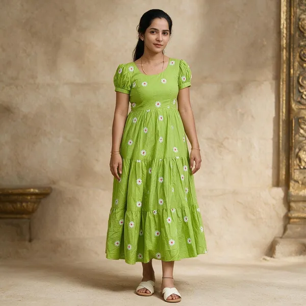 Green_Floral_Puff_Sleeve_Tiered_Midi_Dress_For_Women