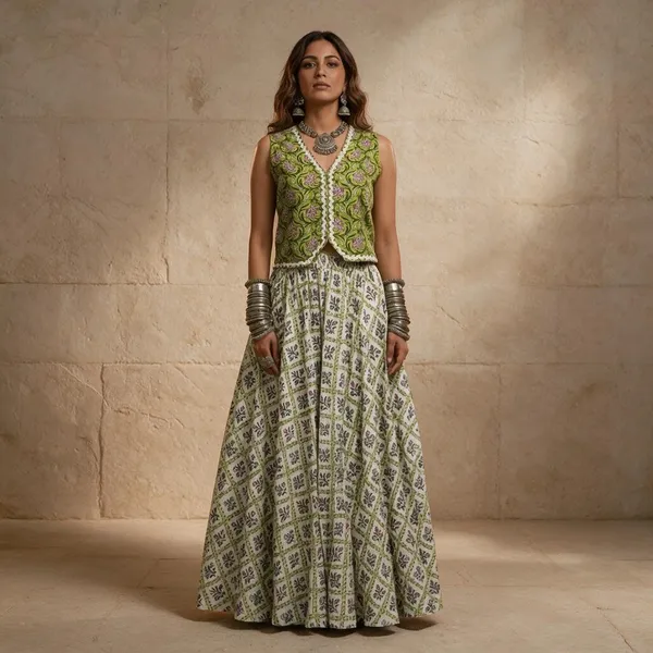 Green_Printed_Sleeveless_Jacket_Lehenga_Set_For_Women