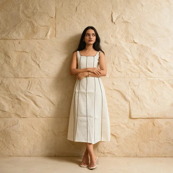 Cream_Stripe_Sleeveless_A-Line_Midi_Dress_For_Women