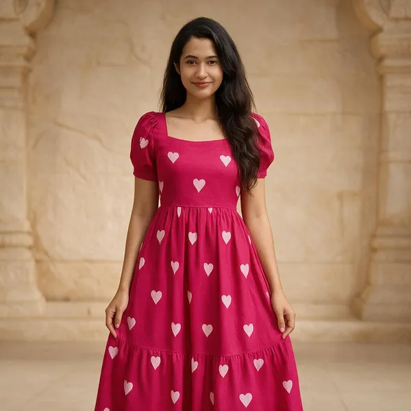 Pink_Heart_Print_Puff_Sleeve_Fit_And_Flare_Dress_For_Women