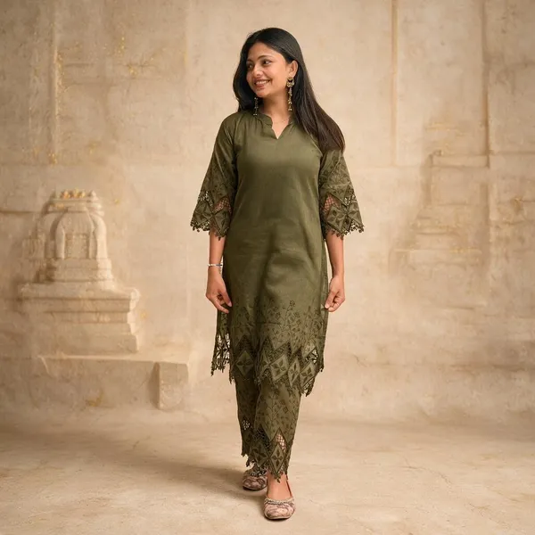 Olive_Printed_V-Neck_Kurta_Set_For_Women