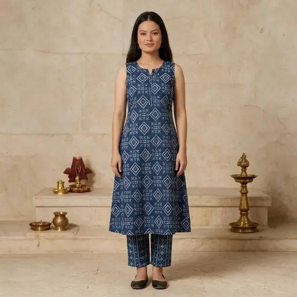 Blue_Geometric_Print_Sleeveless_Kurta_Set_For_Women