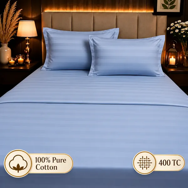 100%_Pure_Cotton_Blue_Striped_King_Size_Bedsheet_Set
