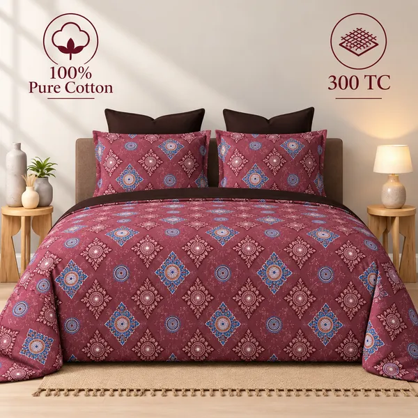 100%_Pure_Cotton_Maroon_Geometric_Print_King_Size_Bedsheet_Set