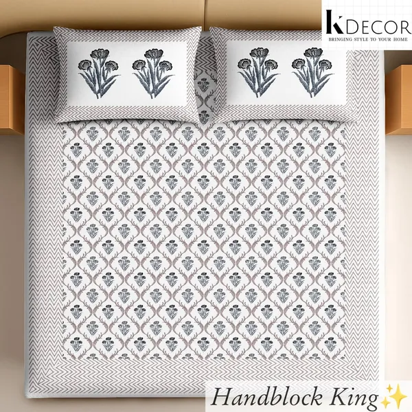 White_Handblock_Floral_Print_King_Size_Bedsheet