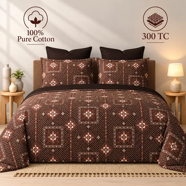 100%_Pure_Cotton_Traditional_Geometric_Print_Brown_King_Size_Bedsheet_Set