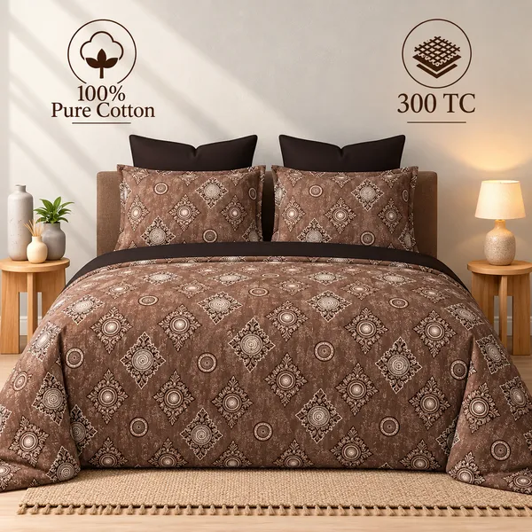 100%_Pure_Cotton_Traditional_Brown_Print_King_Size_Bedsheet_Set