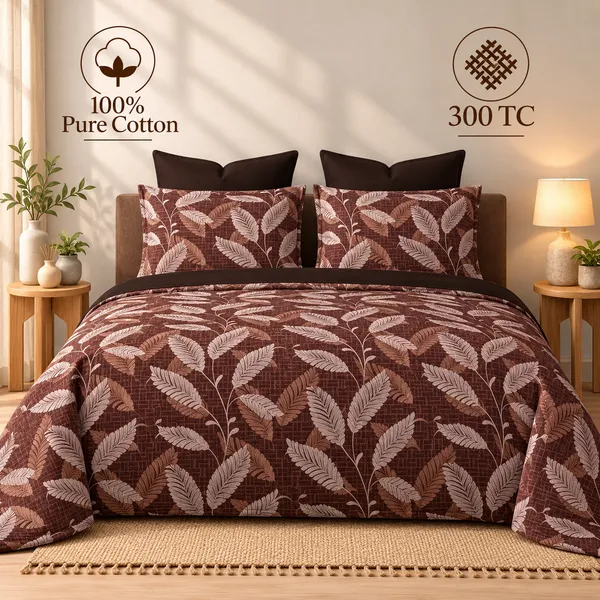 100%_Pure_Cotton_Multicolour_Leaf_Print_King_Size_Bedsheet_Set