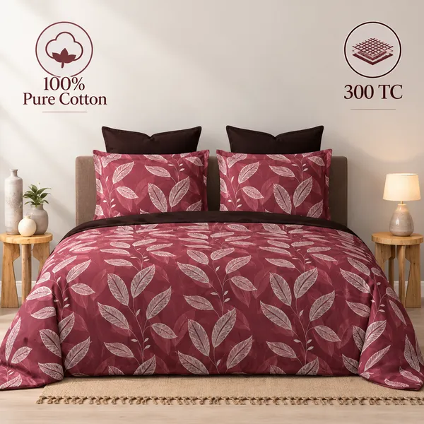 100%_Pure_Cotton_Contemporary_Maroon_Leaf_Print_King_Size_Bedsheet_Set