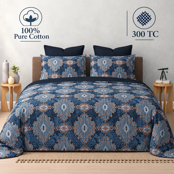 100%_Pure_Cotton_Traditional_Blue_Print_King_Size_Bedsheet_Set