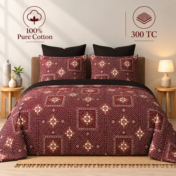 100%_Pure_Cotton_Contemporary_Brown_Geometric_Print_King_Size_Bedsheet_Set
