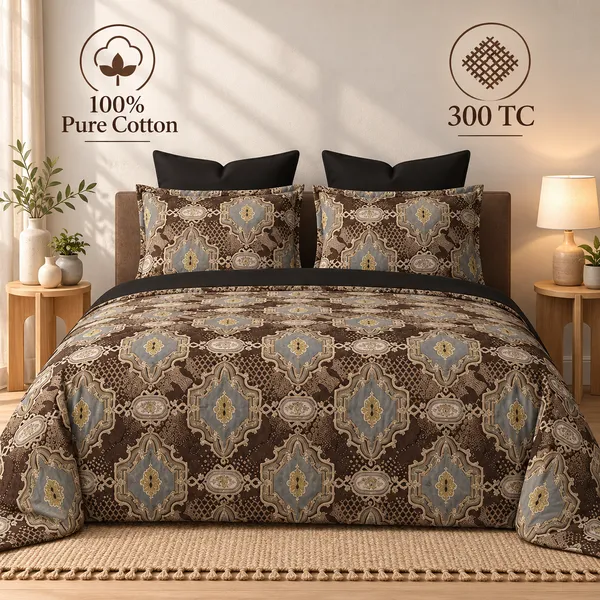 100%_Pure_Cotton_Traditional_Floral_Print_Brown_King_Size_Bed_Sheet_Set