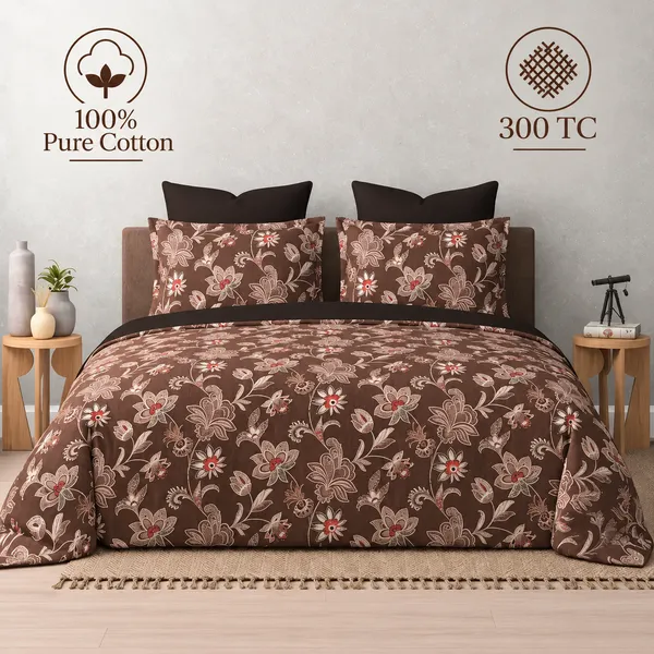 100%_Pure_Cotton_Traditional_Brown_Floral_Print_King_Size_Bedsheet_Set