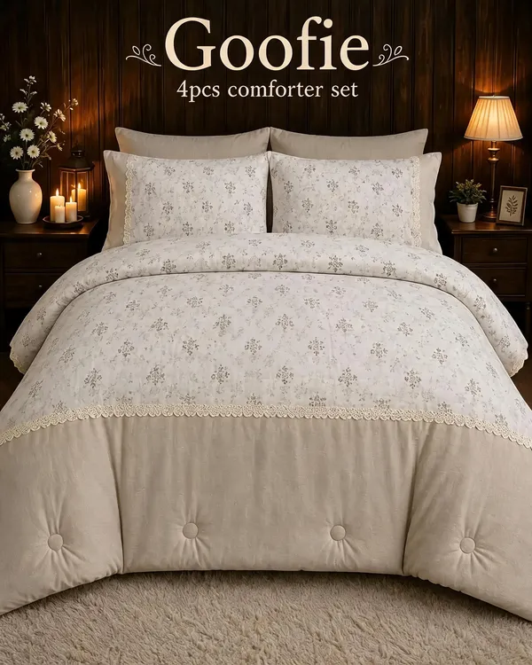 Khadi_Cotton_Beige_Floral_Print_4_Piece_Comforter_Set