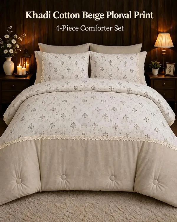 Khadi_Cotton_Beige_Floral_Print_4_Piece_Comforter_Set