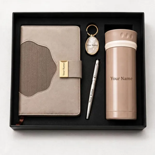 Beige_Notebook_Pen_Bottle_Keychain_Corporate_Gift_Set