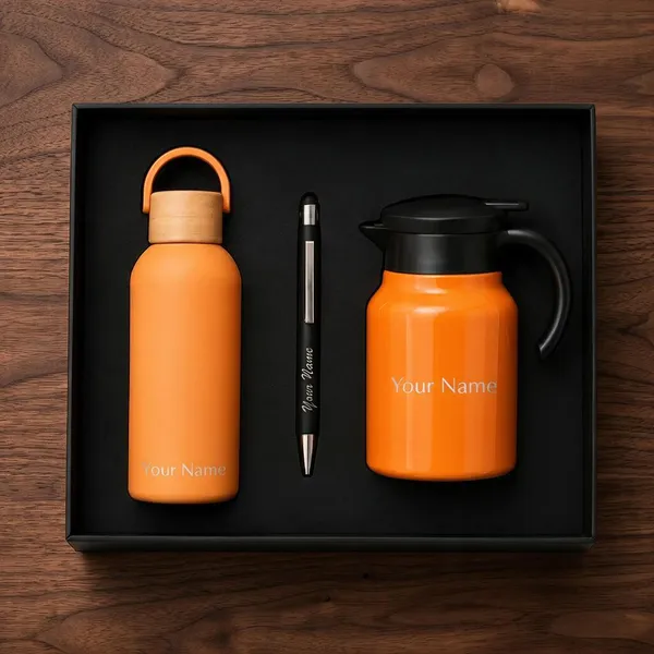 Orange_Stainless_Steel_Bottle_Flask_Pen_Corporate_Gift_Set